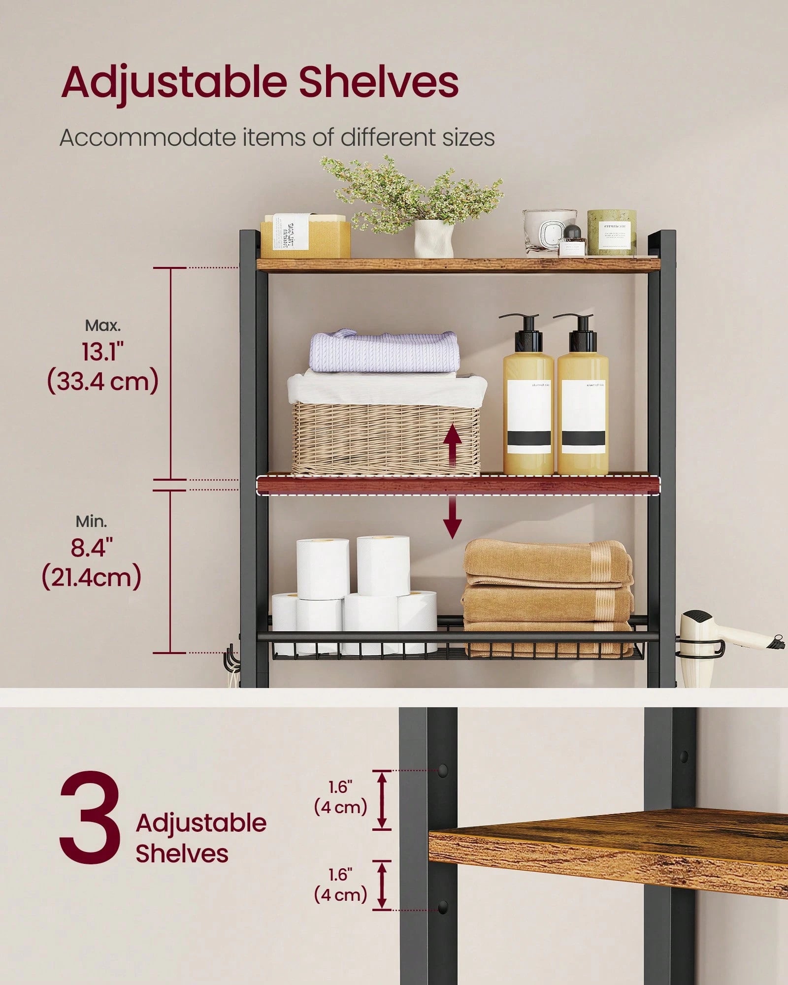 VASAGLE Over The Toilet Storage, Over Toilet Bathroom Organizer With Adjustable Shelves And Basket, 3 Hooks, Space Saving, 9.4 X 23.6 X 63 Inches