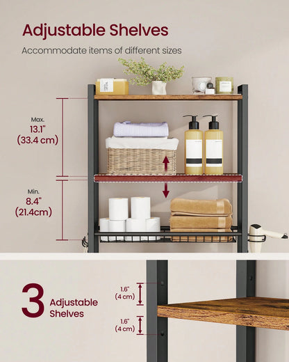 VASAGLE Over The Toilet Storage, Over Toilet Bathroom Organizer With Adjustable Shelves And Basket, 3 Hooks, Space Saving, 9.4 X 23.6 X 63 Inches