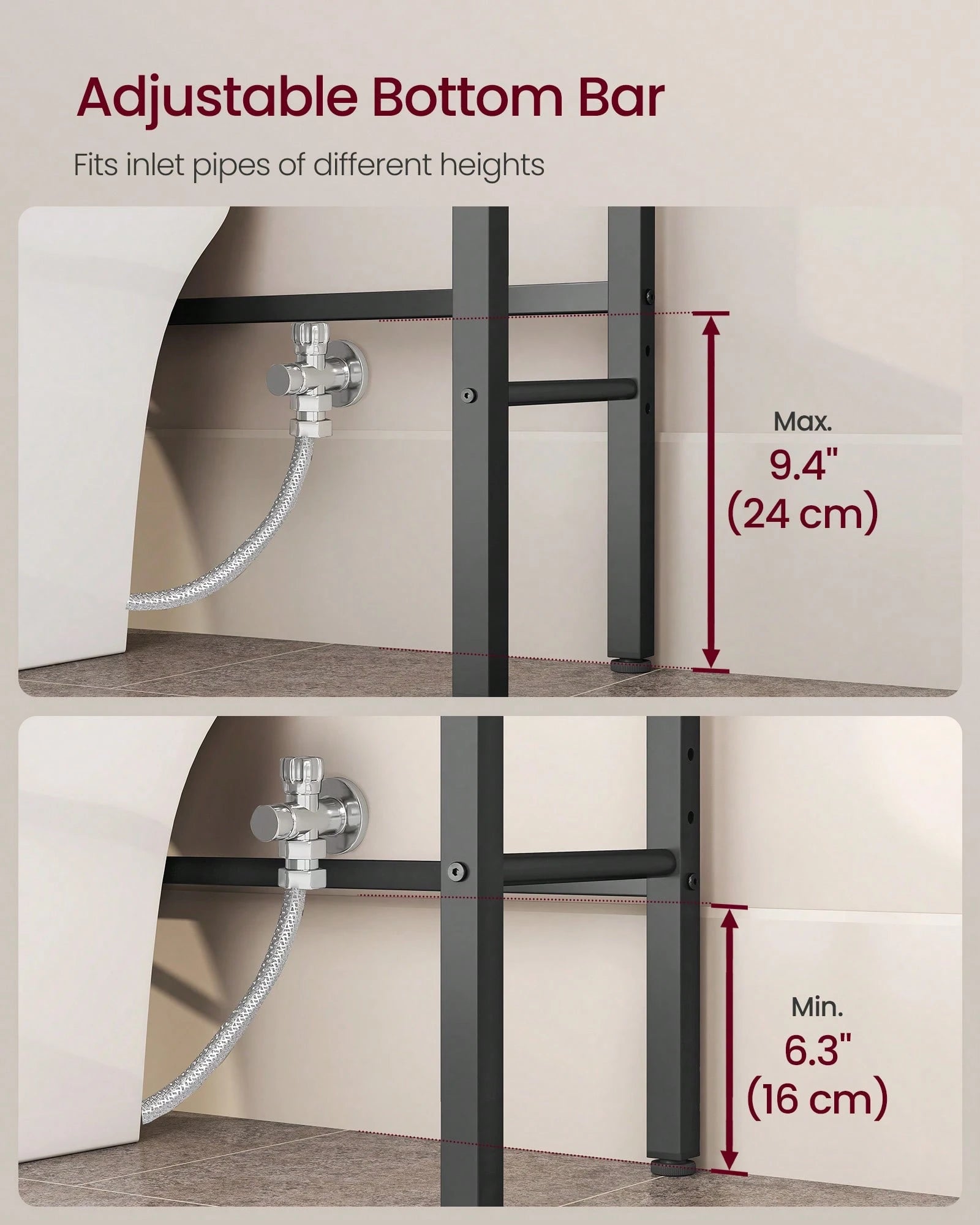 VASAGLE Over The Toilet Storage, Over Toilet Bathroom Organizer With Adjustable Shelves And Basket, 3 Hooks, Space Saving, 9.4 X 23.6 X 63 Inches