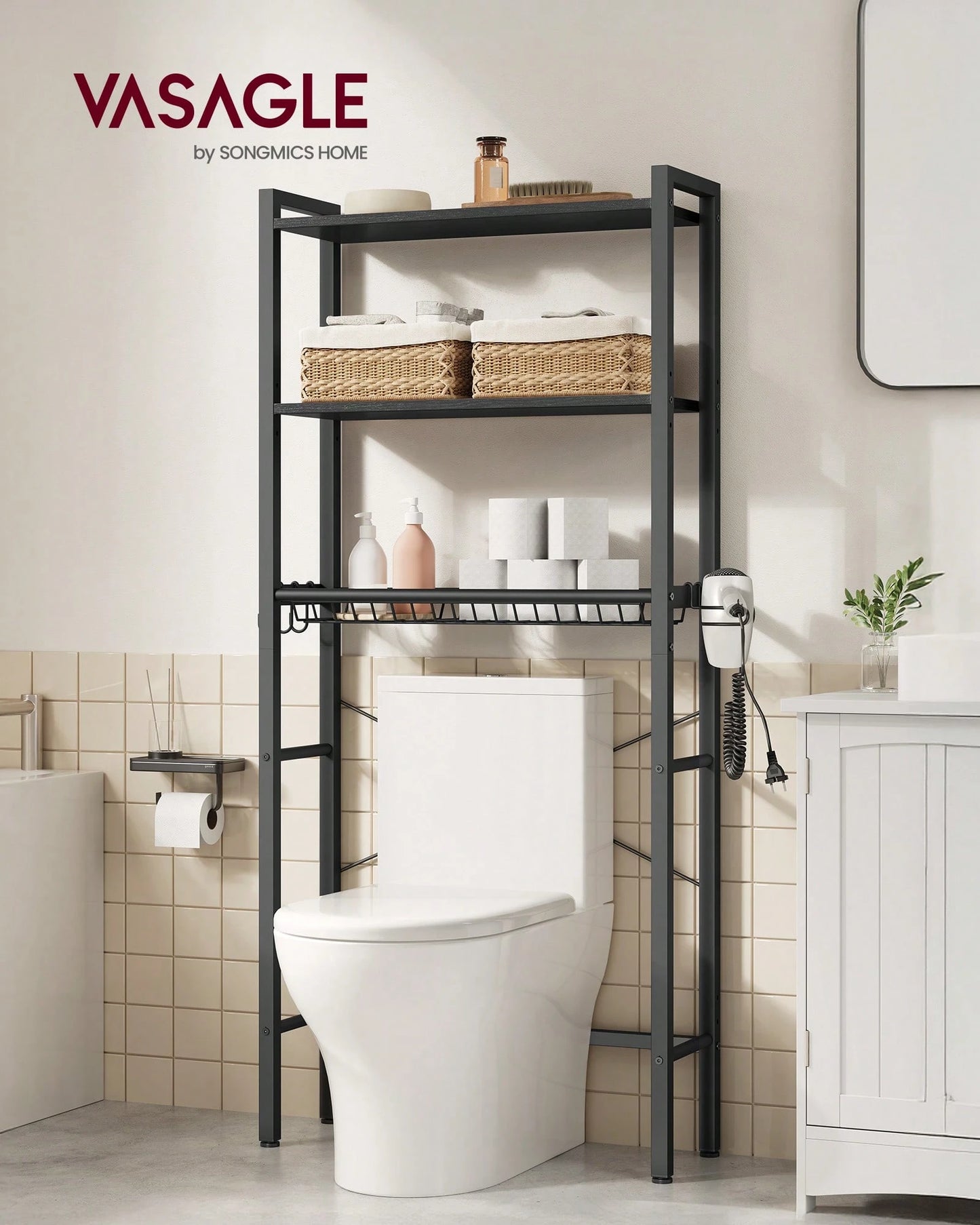 VASAGLE Over The Toilet Storage, Over Toilet Bathroom Organizer With Adjustable Shelves And Basket, 3 Hooks, Space Saving, 9.4 X 23.6 X 63 Inches