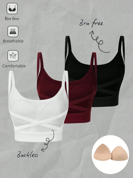 VCAY 3pcs Women Casual Sexy Racerback Crop Tank Tops With Built-In Bra, Suitable For Summer Gym White Burgundy Black