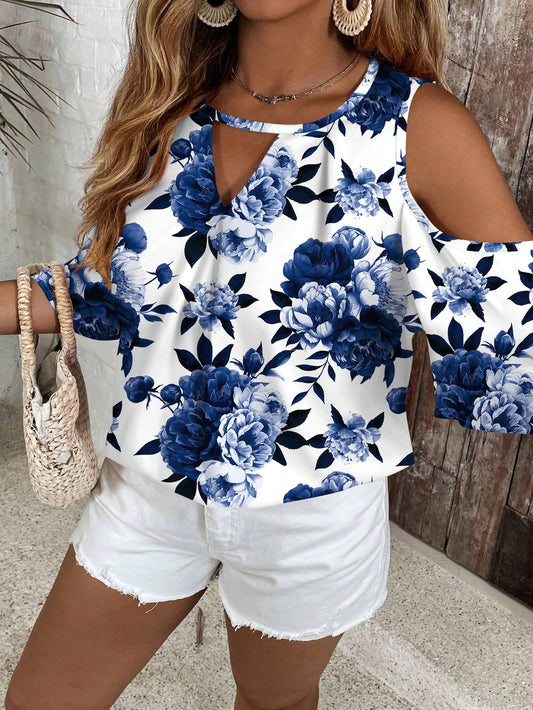 VCAY Plus Size Casual Floral Print Hollow Out Shirt