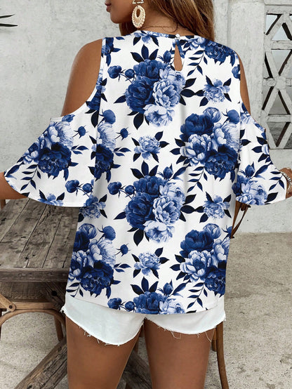 VCAY Plus Size Casual Floral Print Hollow Out Shirt
