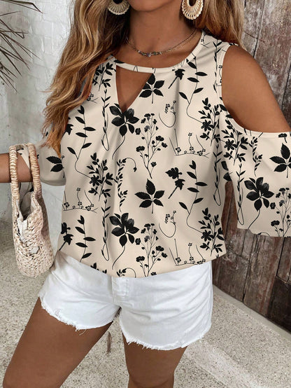 VCAY Plus Size Casual Floral Print Hollow Out Shirt