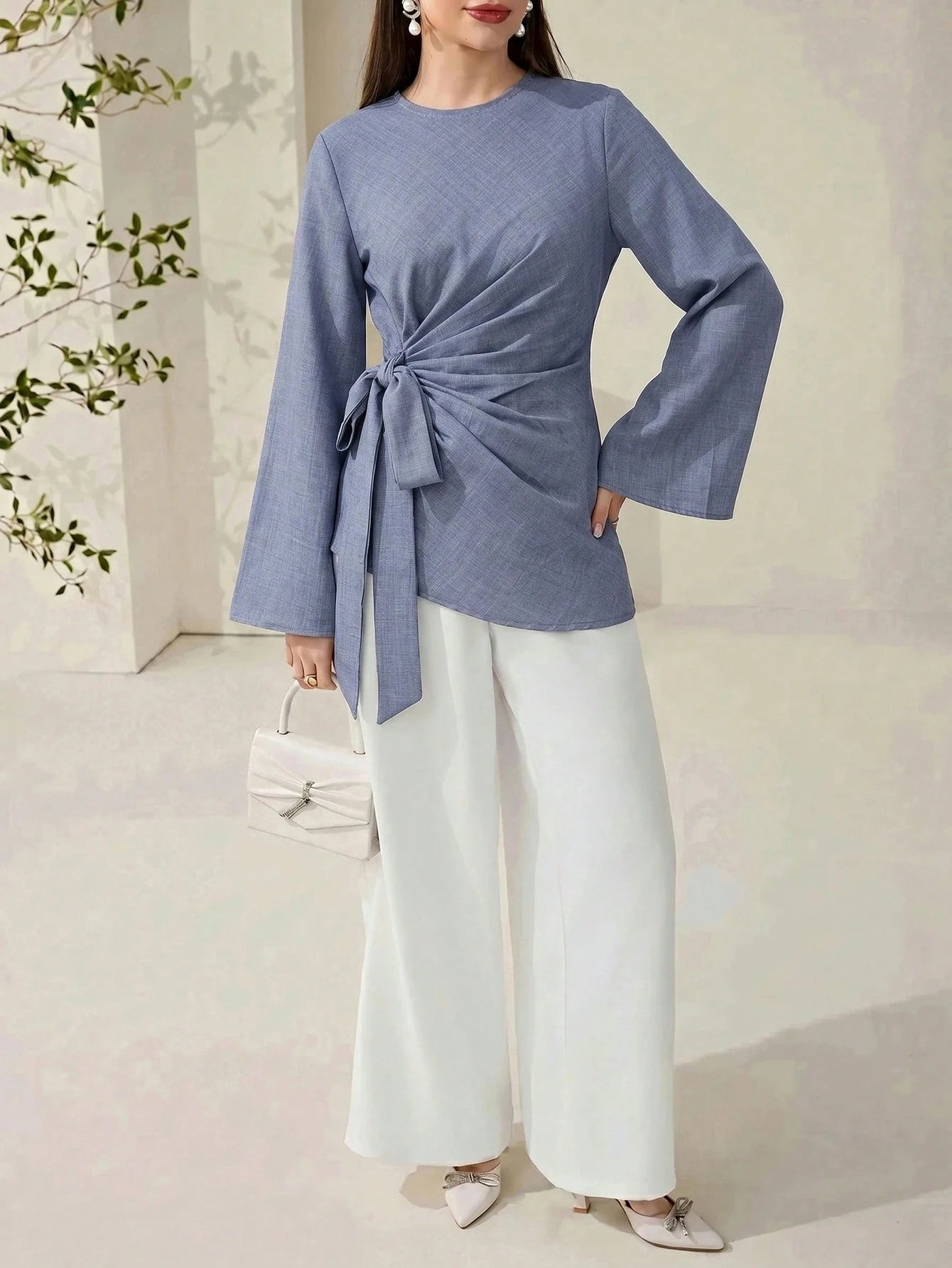Veilorie Women's Solid Color Round Neck Bell Sleeve Side Tie Casual Shirt Teachers' Day Office Dusty Blue Autumn