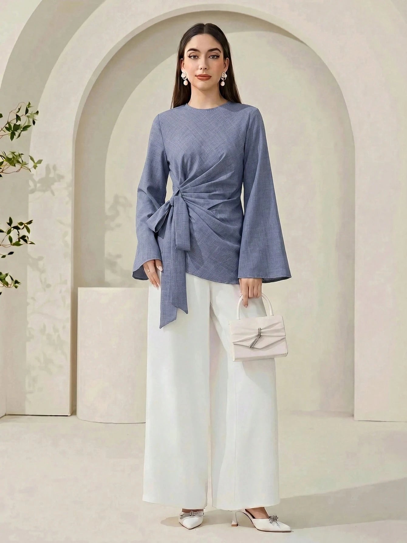 Veilorie Women's Solid Color Round Neck Bell Sleeve Side Tie Casual Shirt Teachers' Day Office Dusty Blue Autumn