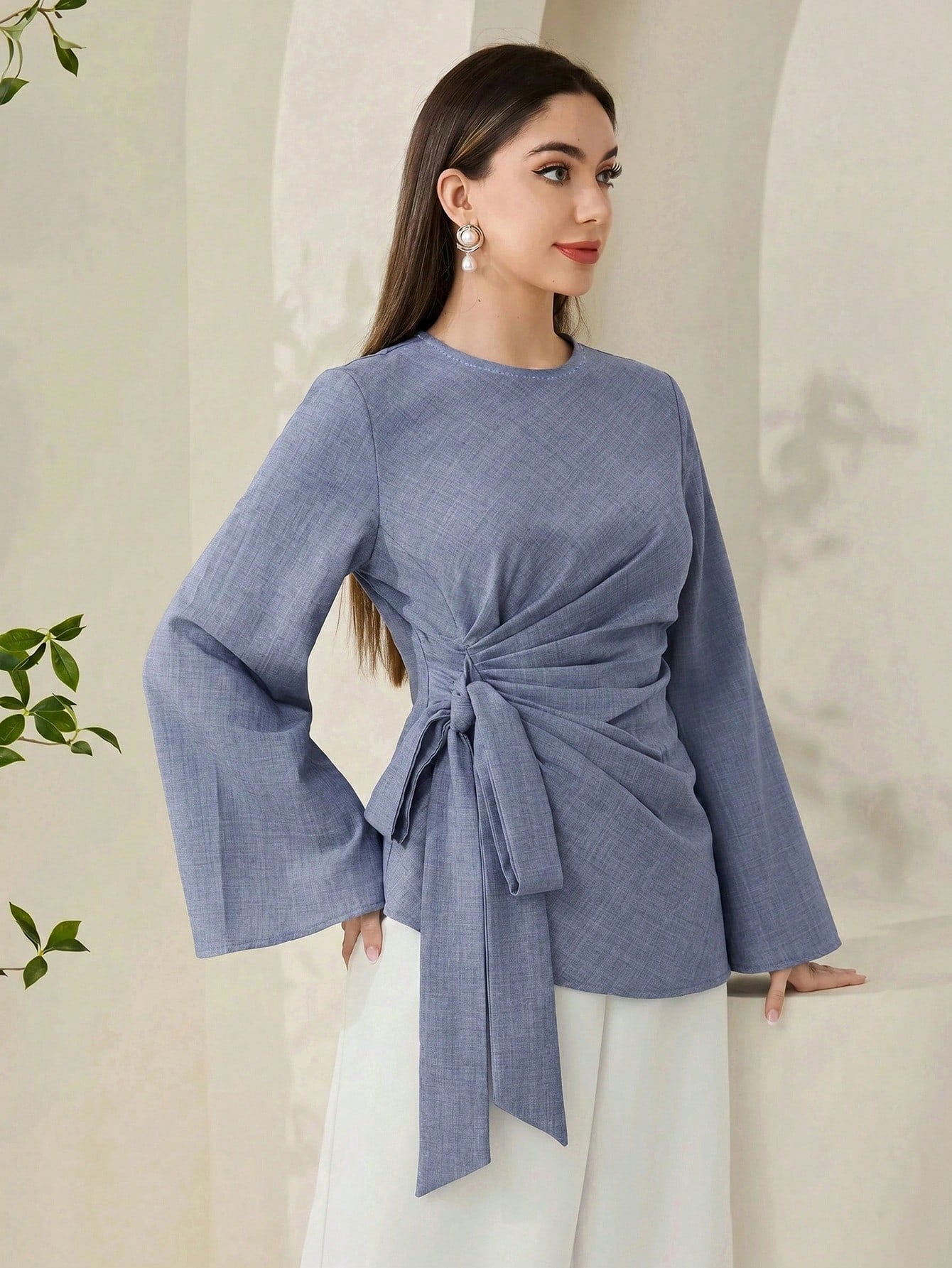 Veilorie Women's Solid Color Round Neck Bell Sleeve Side Tie Casual Shirt Teachers' Day Office Dusty Blue Autumn