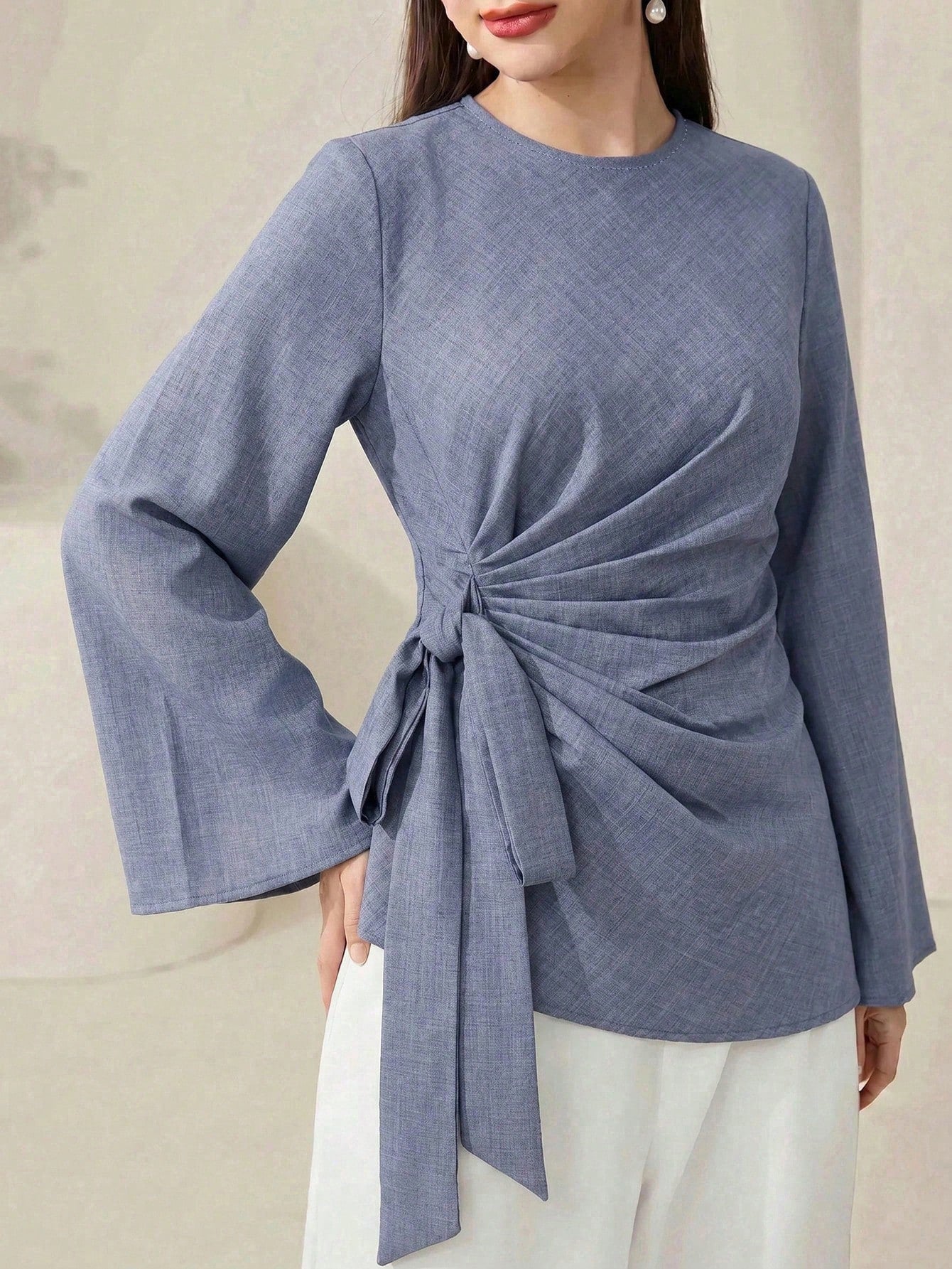Veilorie Women's Solid Color Round Neck Bell Sleeve Side Tie Casual Shirt Teachers' Day Office Dusty Blue Autumn