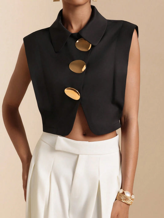Vesra 2026 Summer New Metal Buckle Sleeveless Cropped Shirt, European And American Style Design Top For Women