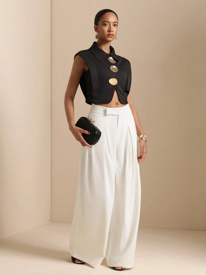 Vesra 2026 Summer New Metal Buckle Sleeveless Cropped Shirt, European And American Style Design Top For Women