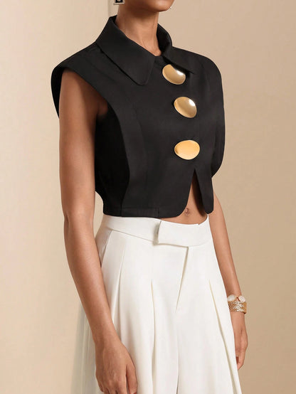 Vesra 2026 Summer New Metal Buckle Sleeveless Cropped Shirt, European And American Style Design Top For Women