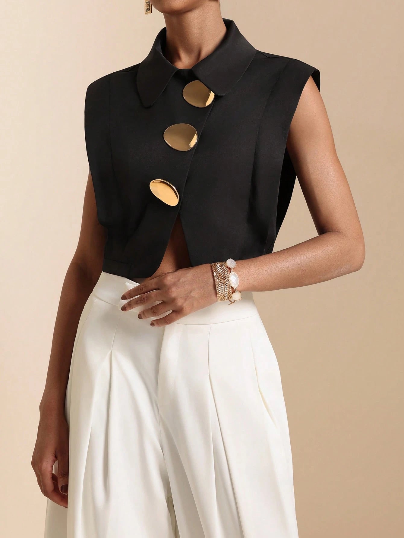 Vesra 2026 Summer New Metal Buckle Sleeveless Cropped Shirt, European And American Style Design Top For Women