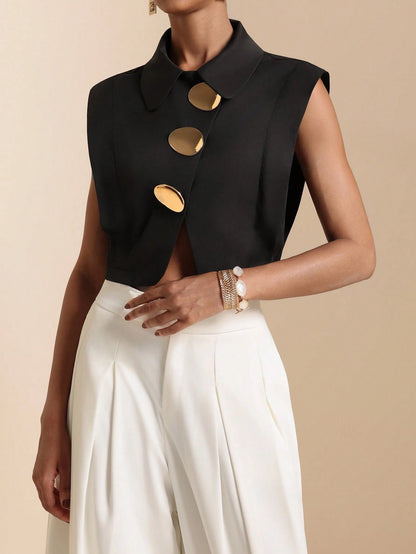 Vesra 2026 Summer New Metal Buckle Sleeveless Cropped Shirt, European And American Style Design Top For Women