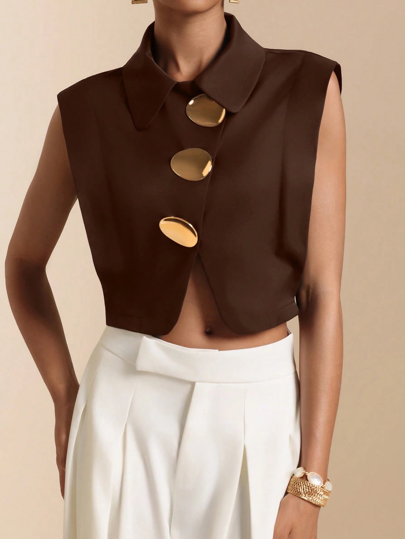Vesra 2026 Summer New Metal Buckle Sleeveless Cropped Shirt, European And American Style Design Top For Women