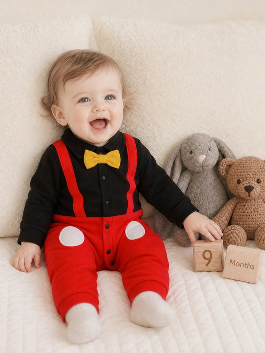 Vintage Cartoon Embroidered Polka Dot Decor Baby Jumpsuit With Lapel And Faux Suspenders Long Sleeve Infant Toddler Outdoor One-Piece Outfit
