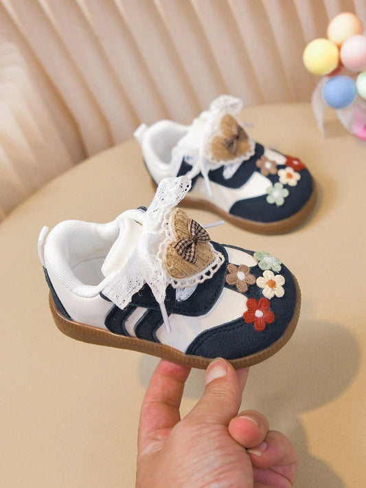 Vintage Mori Style Girls' Mary Jane Shoes With Floral & Heart Pattern, Soft Sole Baby Toddler Shoes