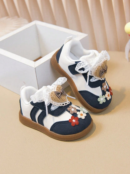 Vintage Mori Style Girls' Mary Jane Shoes With Floral & Heart Pattern, Soft Sole Baby Toddler Shoes