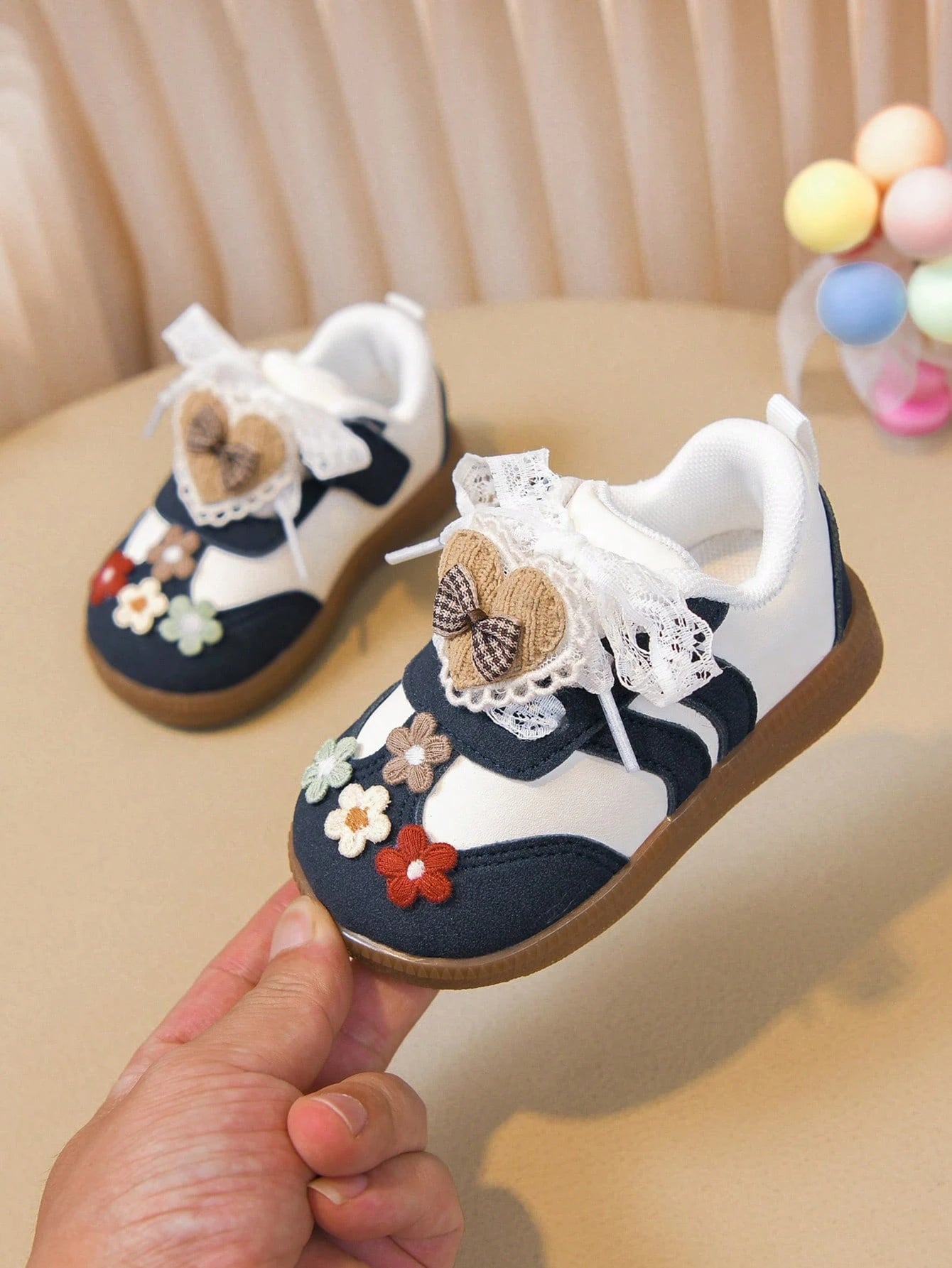 Vintage Mori Style Girls' Mary Jane Shoes With Floral & Heart Pattern, Soft Sole Baby Toddler Shoes