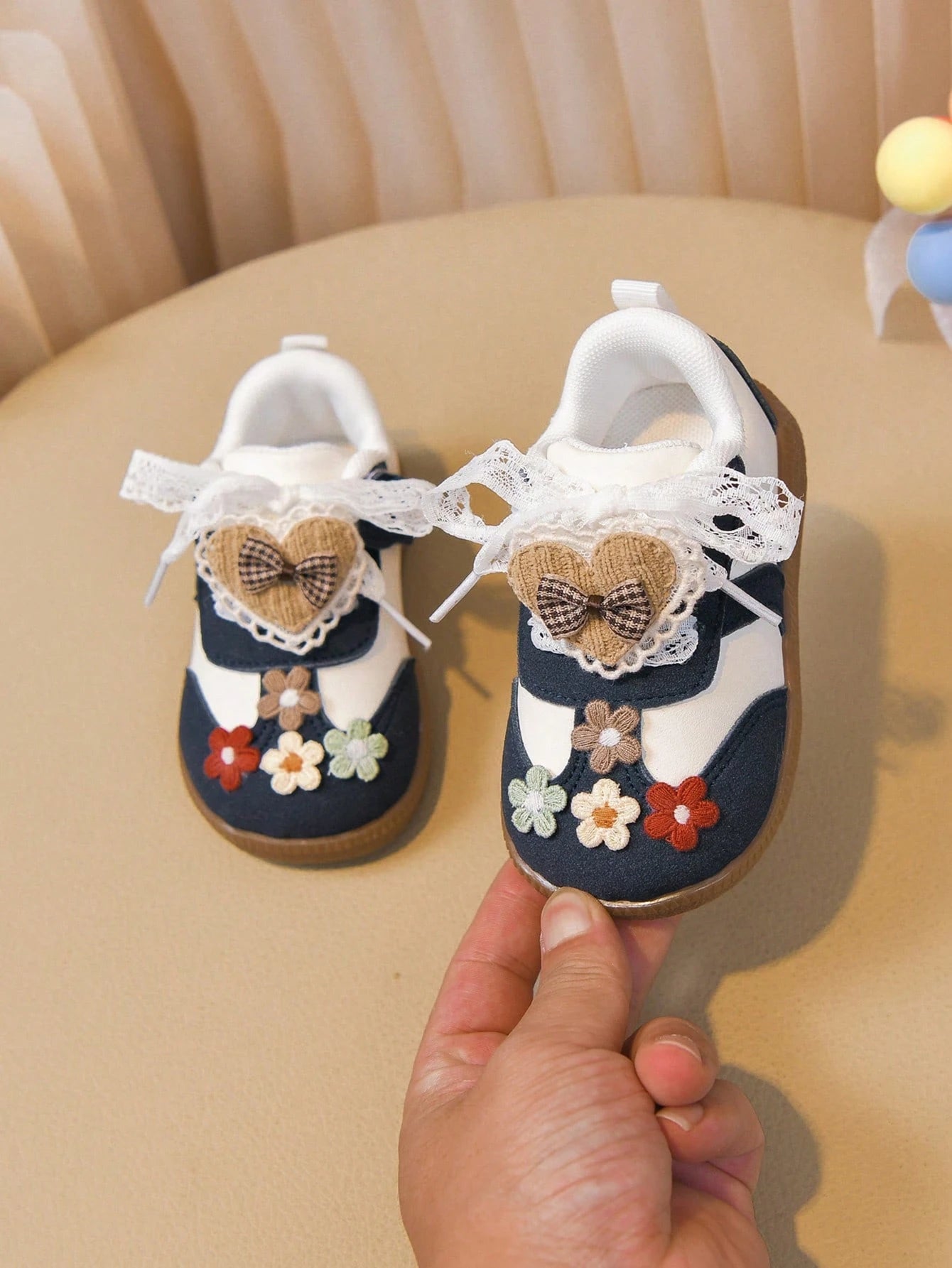 Vintage Mori Style Girls' Mary Jane Shoes With Floral & Heart Pattern, Soft Sole Baby Toddler Shoes