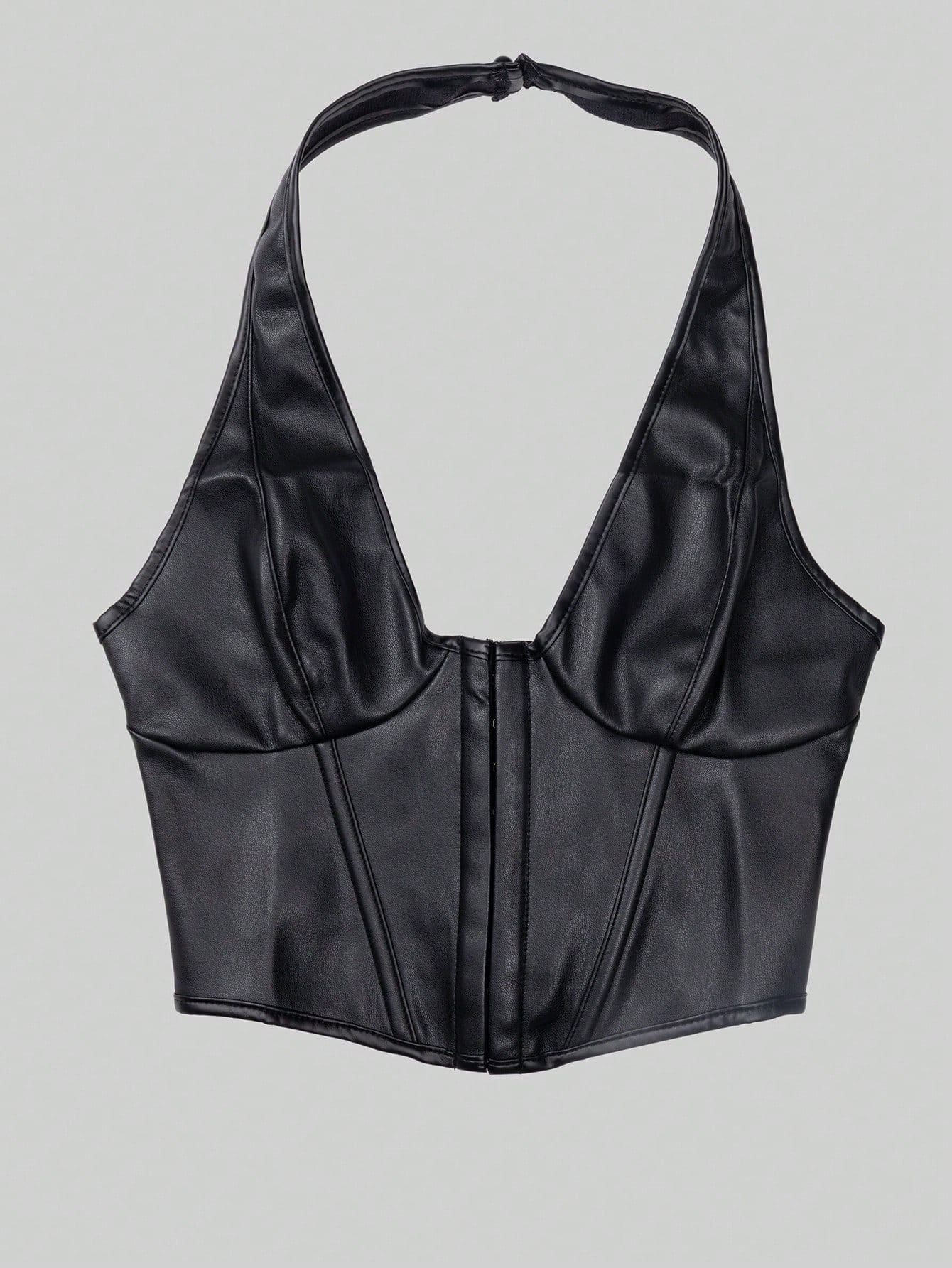 Vintage V-Neck Studded Front Lace-Up Backless PU Leather Camisole, Shapewear Halter Corset Crop Tank Cami Top, Avant-Garde Sexy Top For Spring Summer Music Festival, Party Dating Costumes Daily Going
