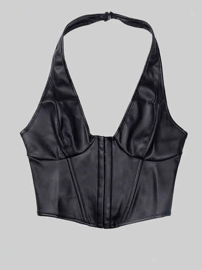 Vintage V-Neck Studded Front Lace-Up Backless PU Leather Camisole, Shapewear Halter Corset Crop Tank Cami Top, Avant-Garde Sexy Top For Spring Summer Music Festival, Party Dating Costumes Daily Going