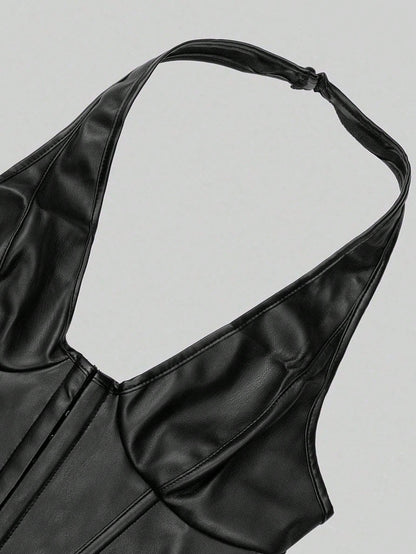 Vintage V-Neck Studded Front Lace-Up Backless PU Leather Camisole, Shapewear Halter Corset Crop Tank Cami Top, Avant-Garde Sexy Top For Spring Summer Music Festival, Party Dating Costumes Daily Going