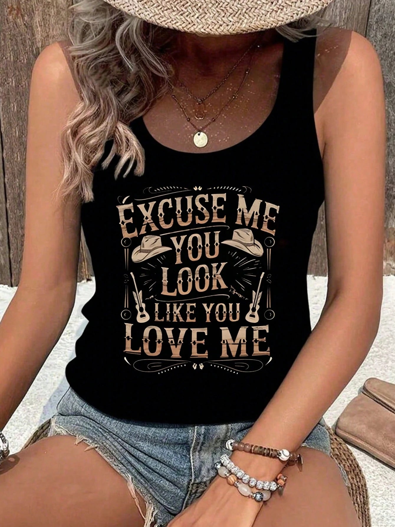 Vintage Western Style Women's Summer Slogan Print Round Neck Tank Top Casual Black