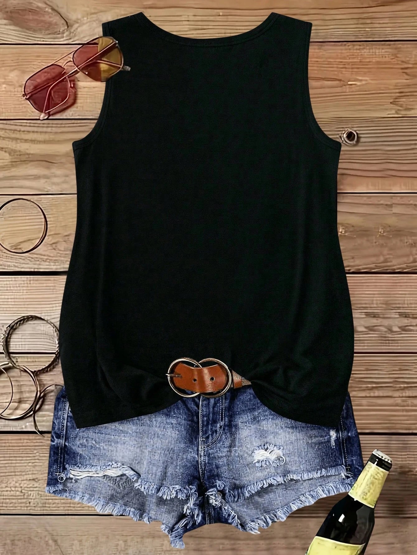 Vintage Western Style Women's Summer Slogan Print Round Neck Tank Top Casual Black