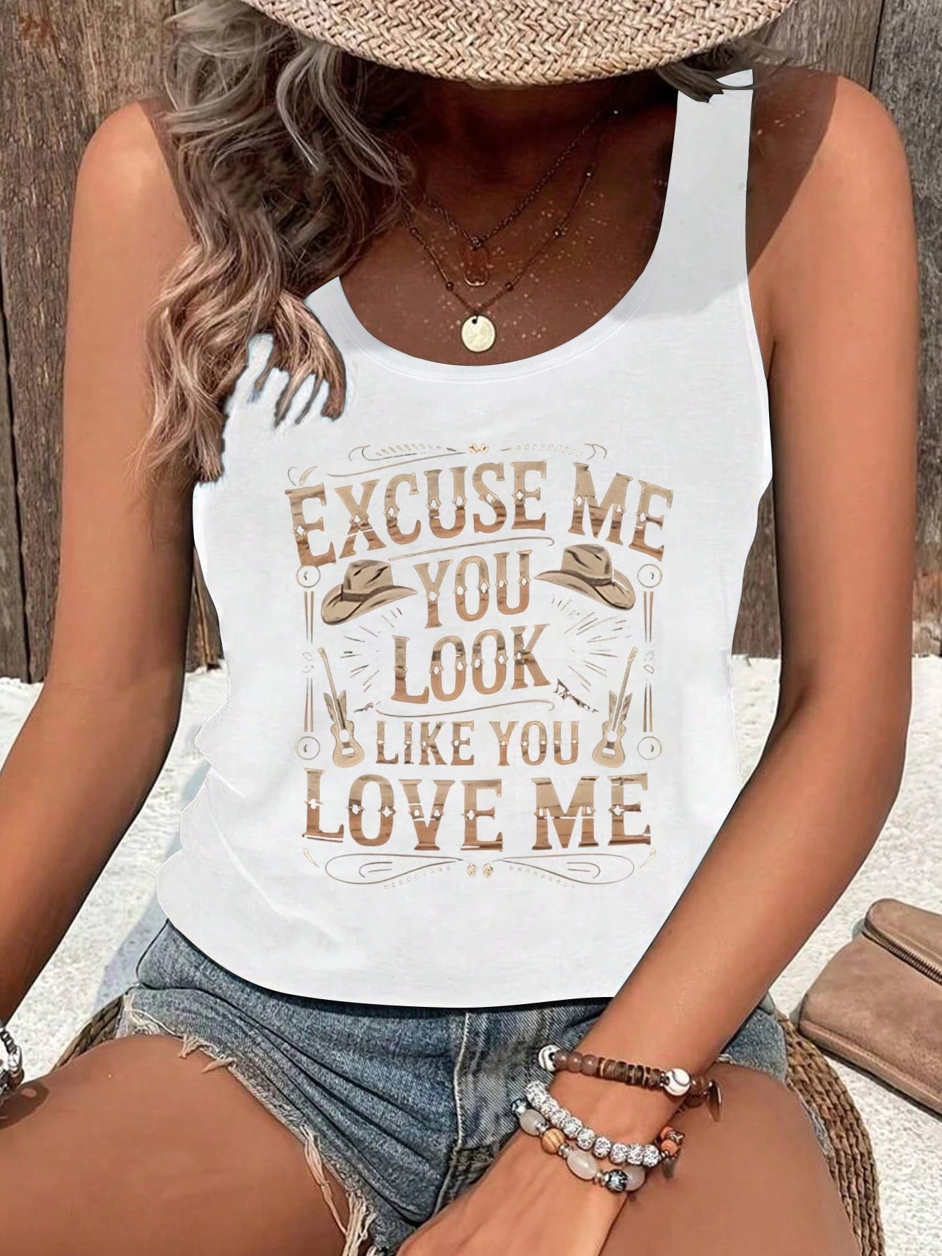 Vintage Western Style Women's Summer Slogan Print Round Neck Tank Top Casual Black
