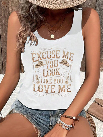 Vintage Western Style Women's Summer Slogan Print Round Neck Tank Top Casual Black