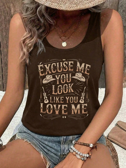Vintage Western Style Women's Summer Slogan Print Round Neck Tank Top Casual Black
