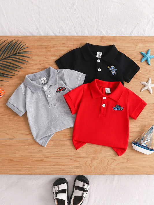 Vintaside Kids 3pcs Baby Boy Cute Embroidered Polo Shirts With Vacation Car & Coconut Tree Pattern, Casual Tops Set