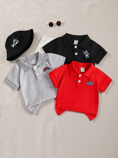 Vintaside Kids 3pcs Baby Boy Cute Embroidered Polo Shirts With Vacation Car & Coconut Tree Pattern, Casual Tops Set