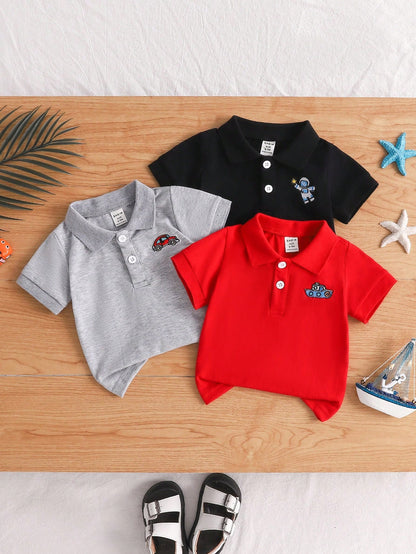 Vintaside Kids 3pcs Baby Boy Cute Embroidered Polo Shirts With Vacation Car & Coconut Tree Pattern, Casual Tops Set