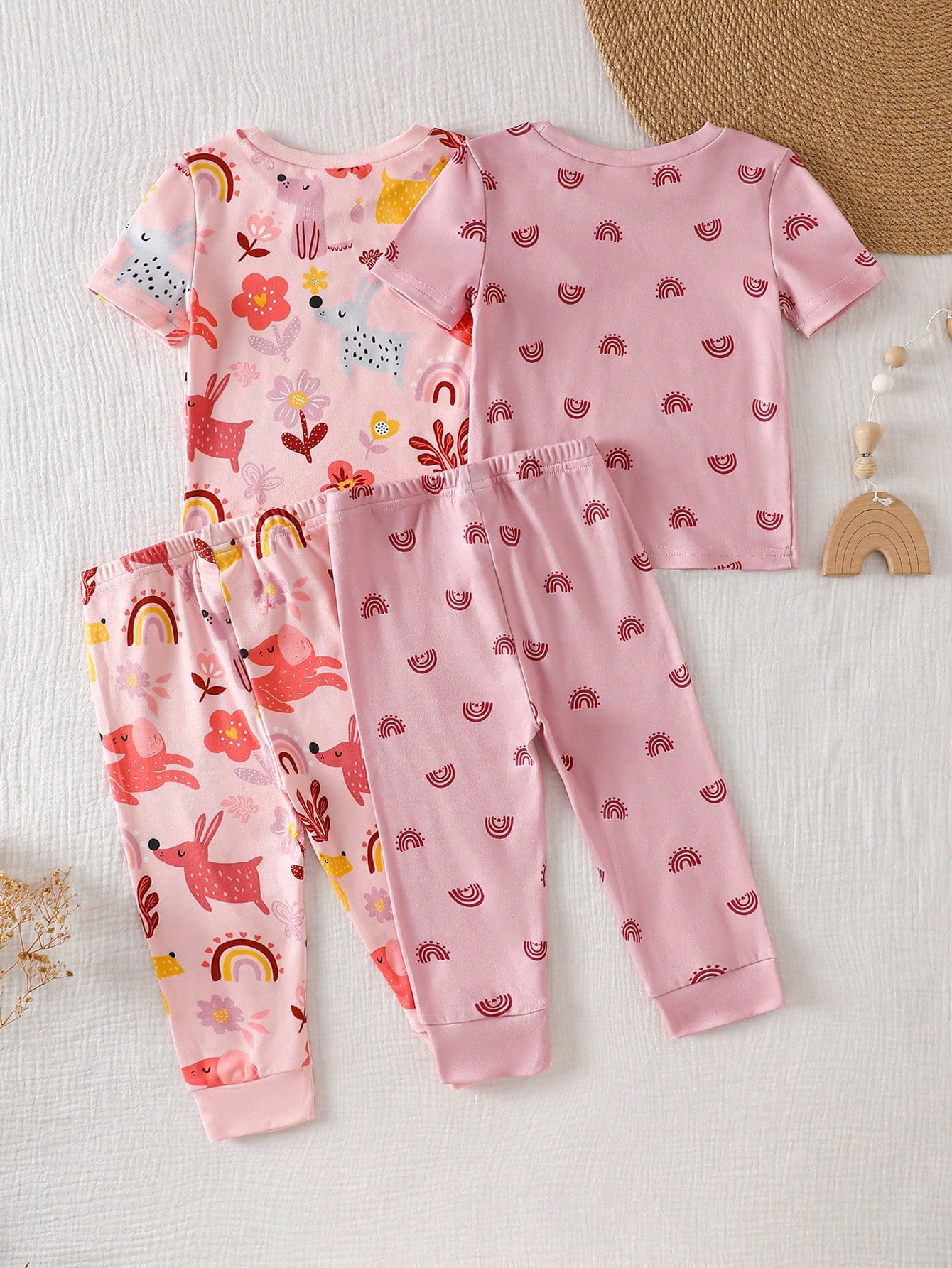 Vintaside Kids 4-Piece Baby Girls Snug Fit Pajamas,Cute Summer Pink Floral Puppy Rainbow Print Soft Knit Short Sleeve Top And Long Pants Sleepwear For Holiday