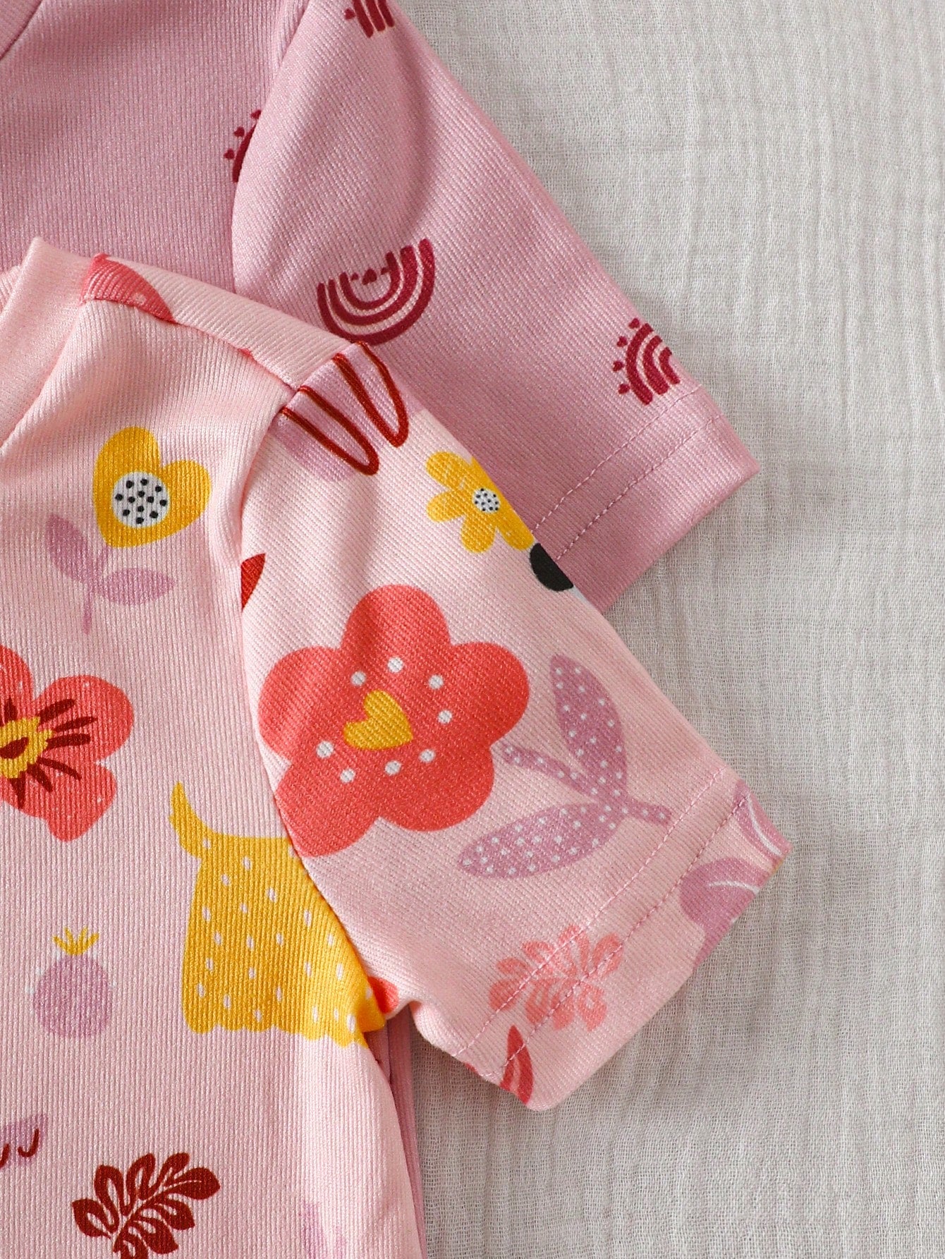 Vintaside Kids 4-Piece Baby Girls Snug Fit Pajamas,Cute Summer Pink Floral Puppy Rainbow Print Soft Knit Short Sleeve Top And Long Pants Sleepwear For Holiday
