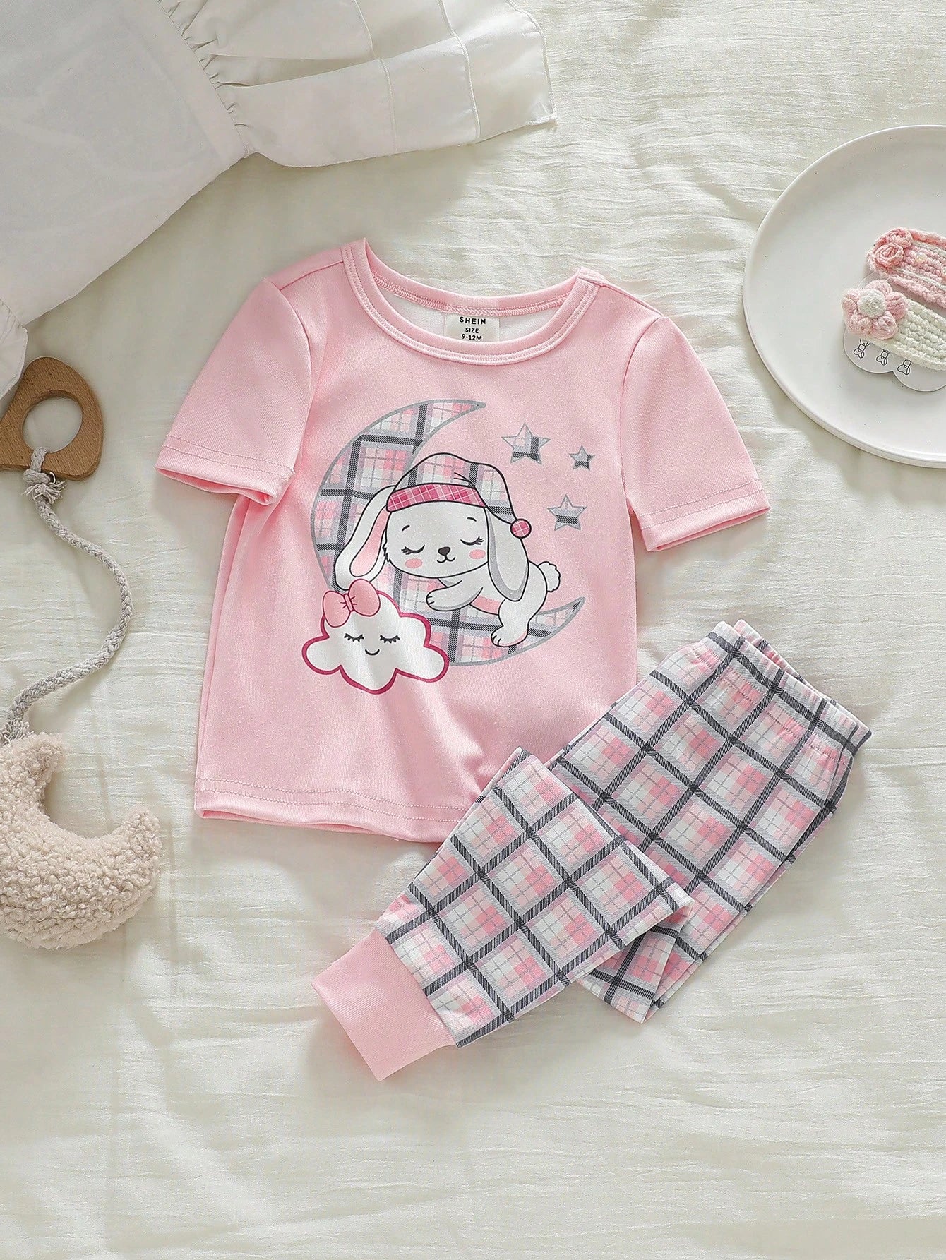 Vintaside Kids 4-Piece Baby Girls Snug Fit Pajamas,Cute Summer Pink Floral Puppy Rainbow Print Soft Knit Short Sleeve Top And Long Pants Sleepwear For Holiday