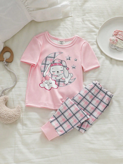 Vintaside Kids 4-Piece Baby Girls Snug Fit Pajamas,Cute Summer Pink Floral Puppy Rainbow Print Soft Knit Short Sleeve Top And Long Pants Sleepwear For Holiday