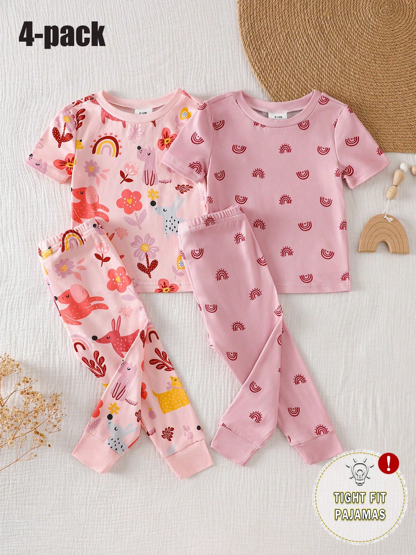 Vintaside Kids 4-Piece Baby Girls Snug Fit Pajamas,Cute Summer Pink Floral Puppy Rainbow Print Soft Knit Short Sleeve Top And Long Pants Sleepwear For Holiday