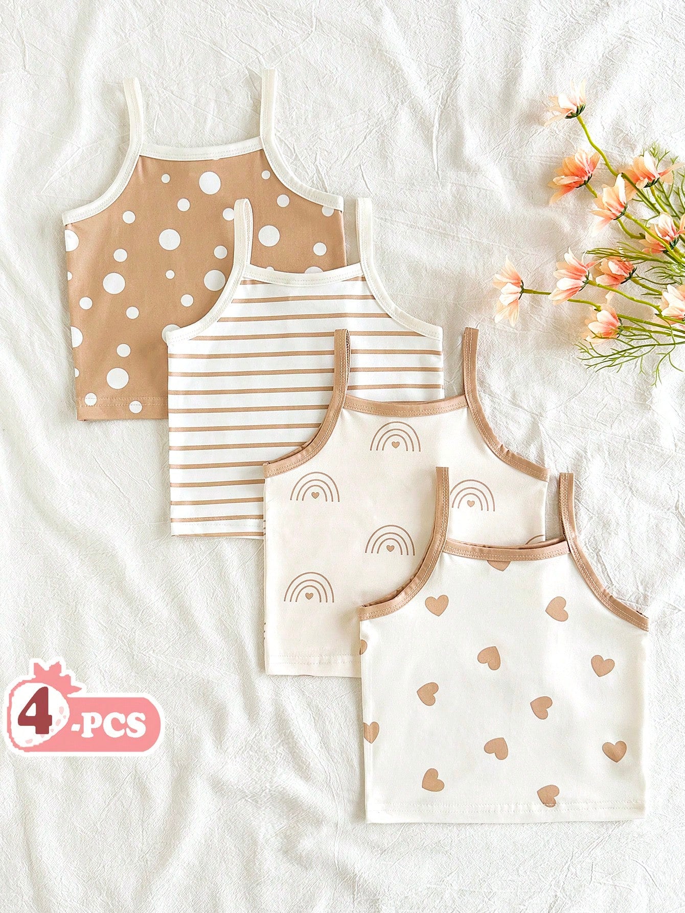 Vintaside Kids 4pcs Baby Girl Tops, Pastoral Country Vacation Style, Comfortable Versatile Fashionable Cute Heart Stripe Polka Dot Rainbow Spring Summer 4-Piece Top Set