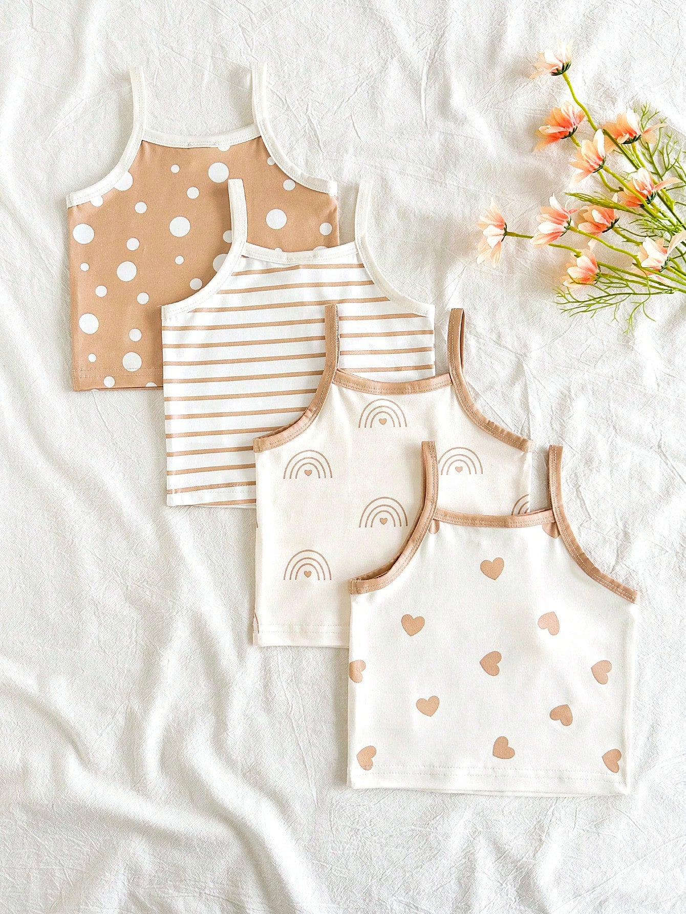 Vintaside Kids 4pcs Baby Girl Tops, Pastoral Country Vacation Style, Comfortable Versatile Fashionable Cute Heart Stripe Polka Dot Rainbow Spring Summer 4-Piece Top Set