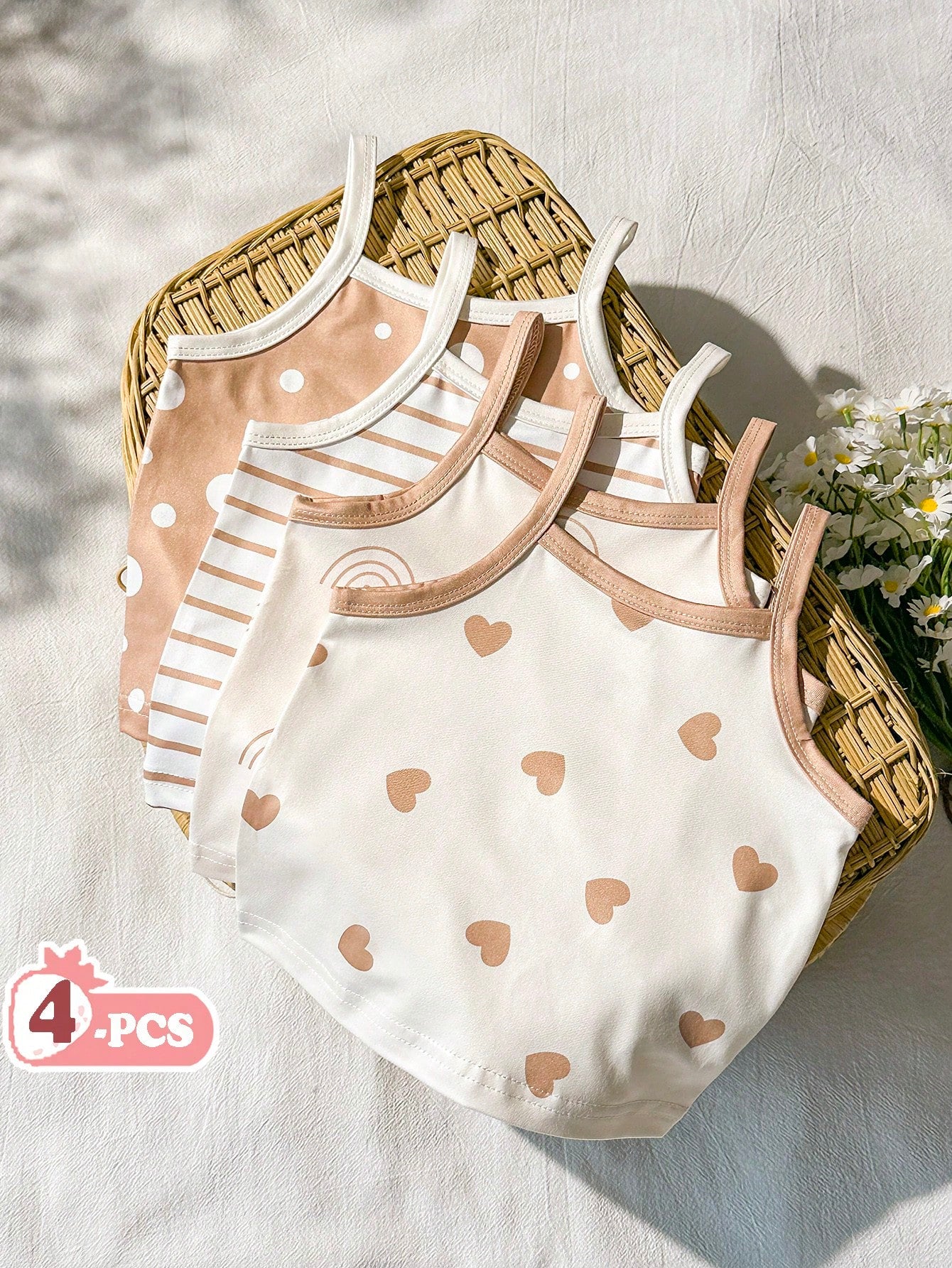 Vintaside Kids 4pcs Baby Girl Tops, Pastoral Country Vacation Style, Comfortable Versatile Fashionable Cute Heart Stripe Polka Dot Rainbow Spring Summer 4-Piece Top Set