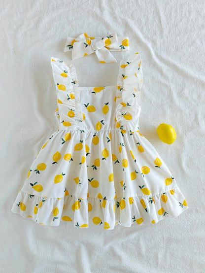 Vintaside Kids Baby Girl Halter Dress,Strawberry Print Pink White Plaid Ruffle A-Line Dress,White And Yellow,Summer,Casual,Holiday,Vacation,Holiday Party Clothing