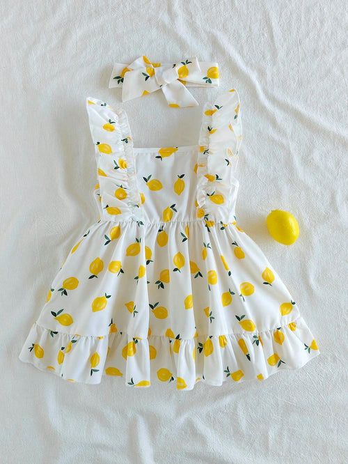 Vintaside Kids Baby Girl Halter Dress,Strawberry Print Pink White Plaid Ruffle A-Line Dress,White And Yellow,Summer,Casual,Holiday,Vacation,Holiday Party Clothing