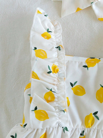 Vintaside Kids Baby Girl Halter Dress,Strawberry Print Pink White Plaid Ruffle A-Line Dress,White And Yellow,Summer,Casual,Holiday,Vacation,Holiday Party Clothing