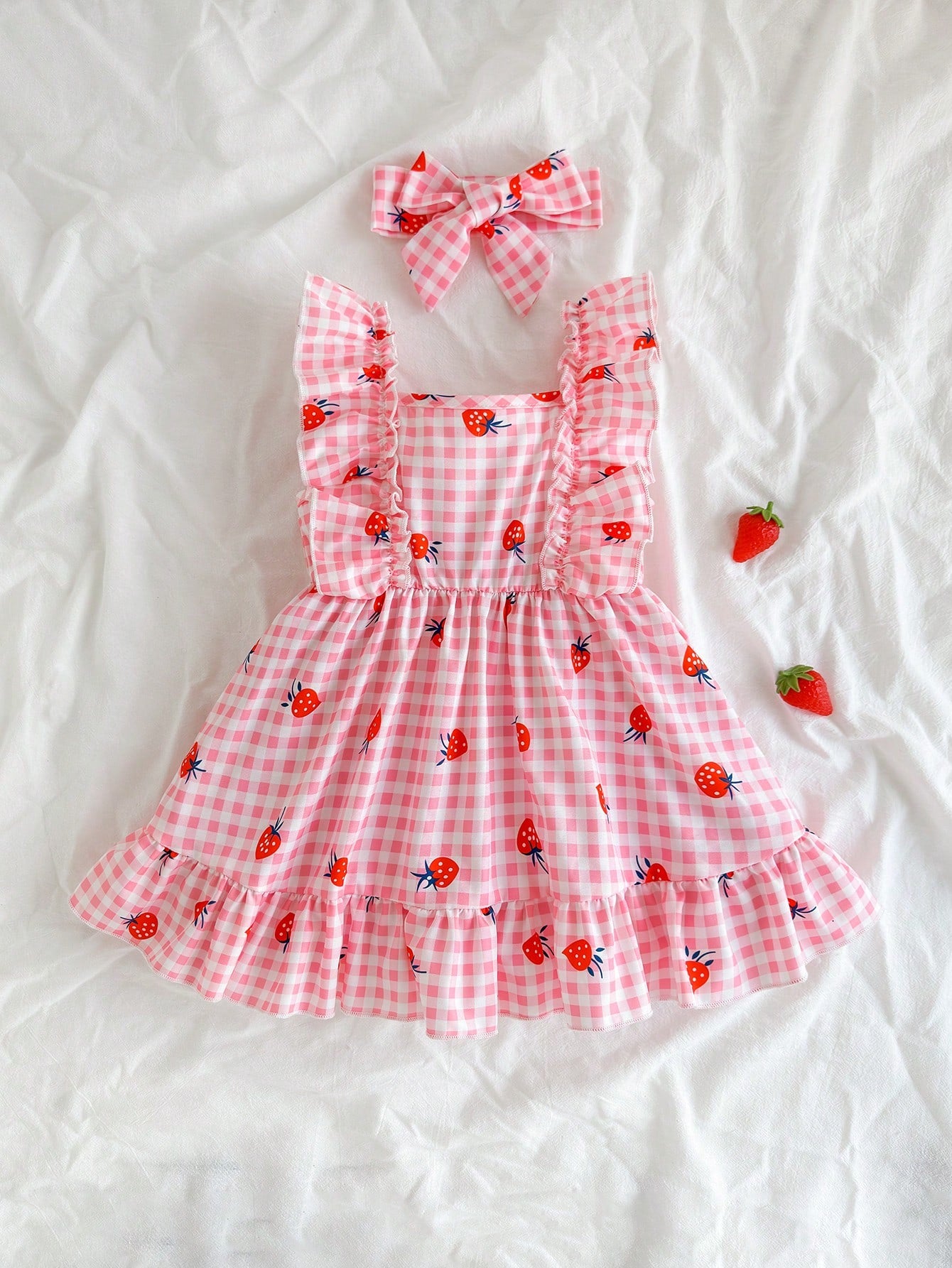 Vintaside Kids Baby Girl Halter Dress,Strawberry Print Pink White Plaid Ruffle A-Line Dress,White And Yellow,Summer,Casual,Holiday,Vacation,Holiday Party Clothing