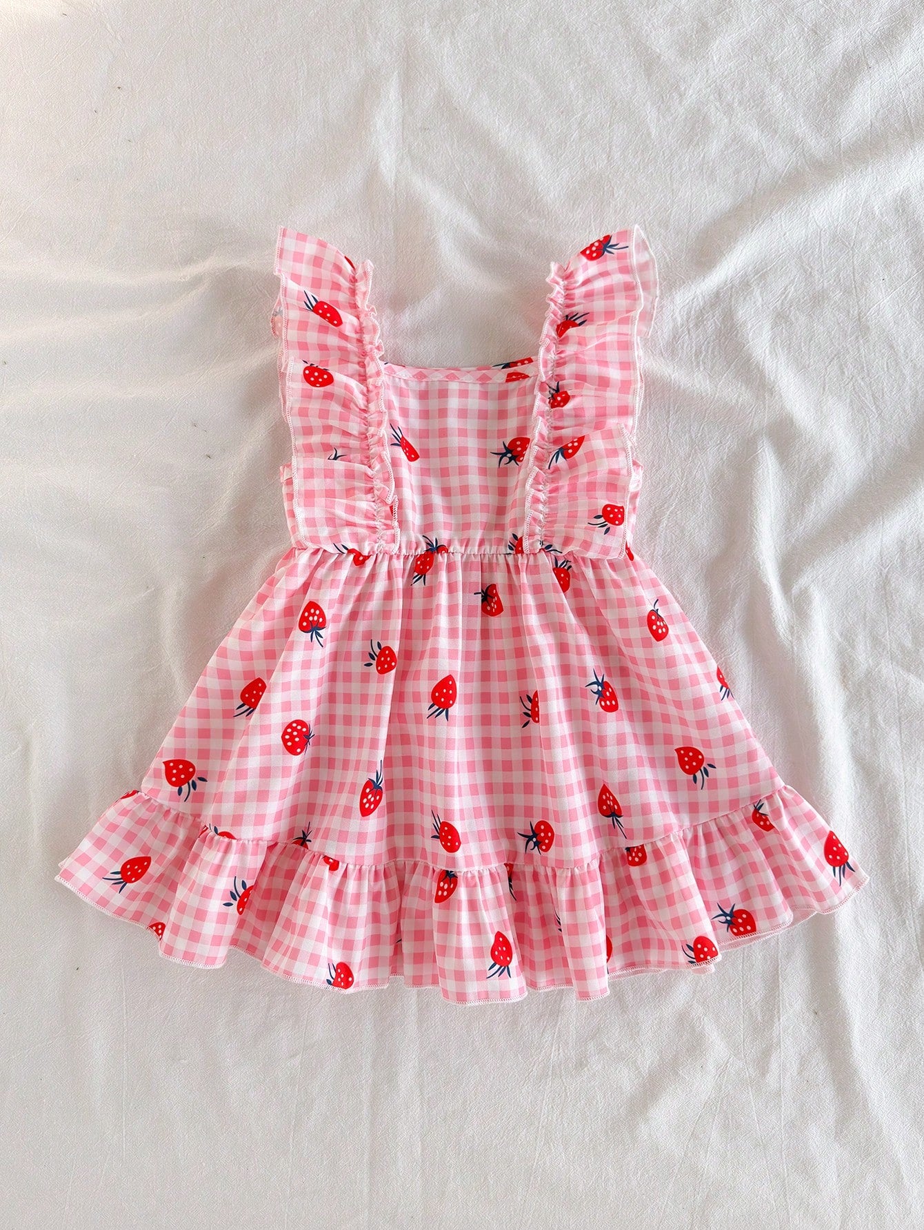 Vintaside Kids Baby Girl Halter Dress,Strawberry Print Pink White Plaid Ruffle A-Line Dress,White And Yellow,Summer,Casual,Holiday,Vacation,Holiday Party Clothing