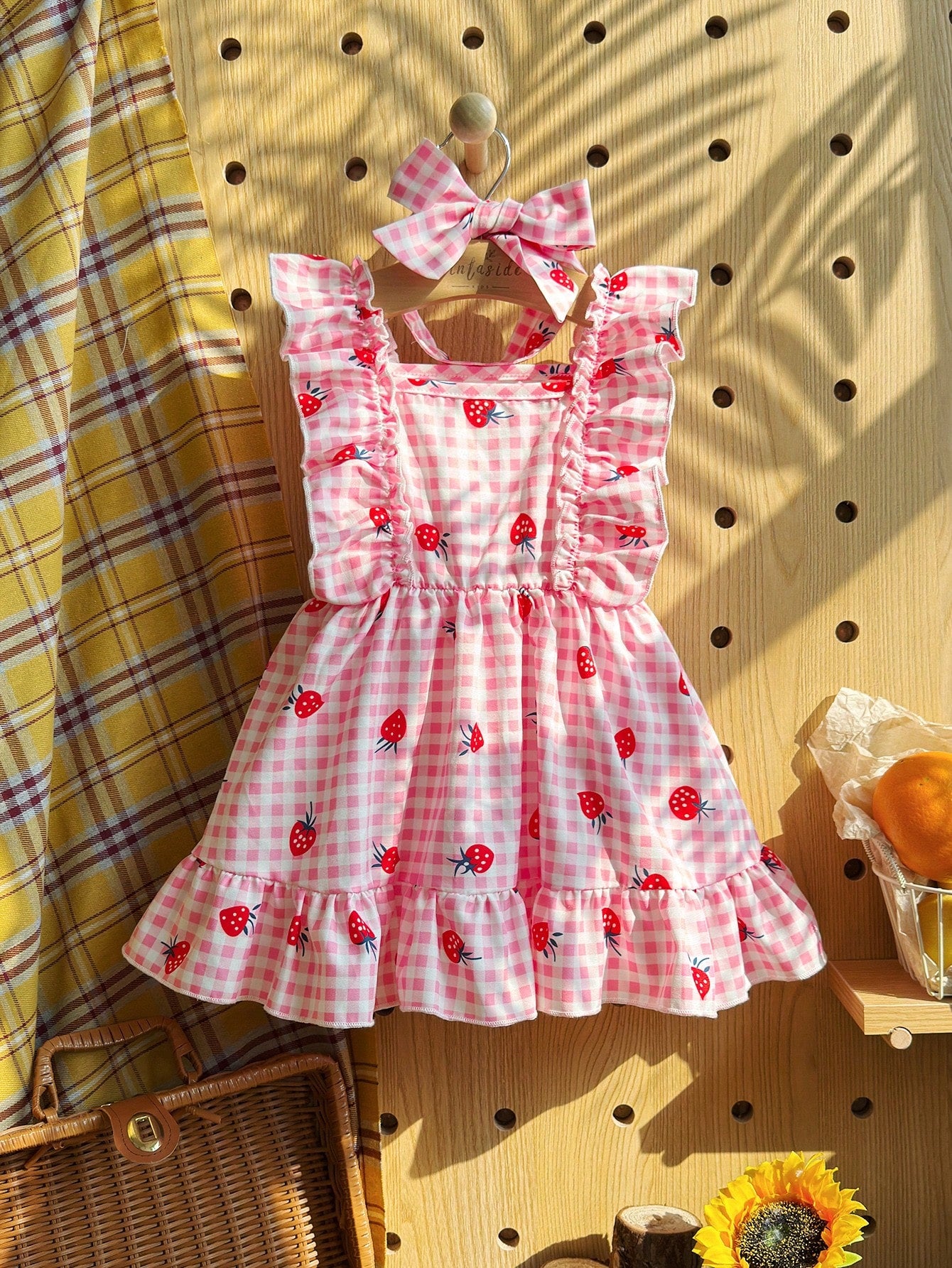 Vintaside Kids Baby Girl Halter Dress,Strawberry Print Pink White Plaid Ruffle A-Line Dress,White And Yellow,Summer,Casual,Holiday,Vacation,Holiday Party Clothing