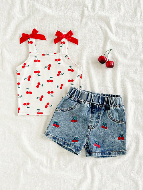 Vintaside Kids Baby Girls Fashionable Cherry Print Strap Vest And Shorts Set, Embroidered Pattern Cherry Baby Outfit