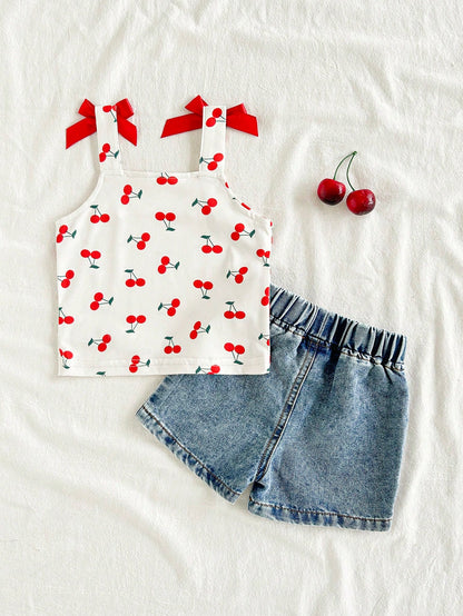 Vintaside Kids Baby Girls Fashionable Cherry Print Strap Vest And Shorts Set, Embroidered Pattern Cherry Baby Outfit